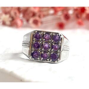 Faux Amethyst Gemstone Unisex Silver Toned Costume Jewelry Vintage Ring - sz 10